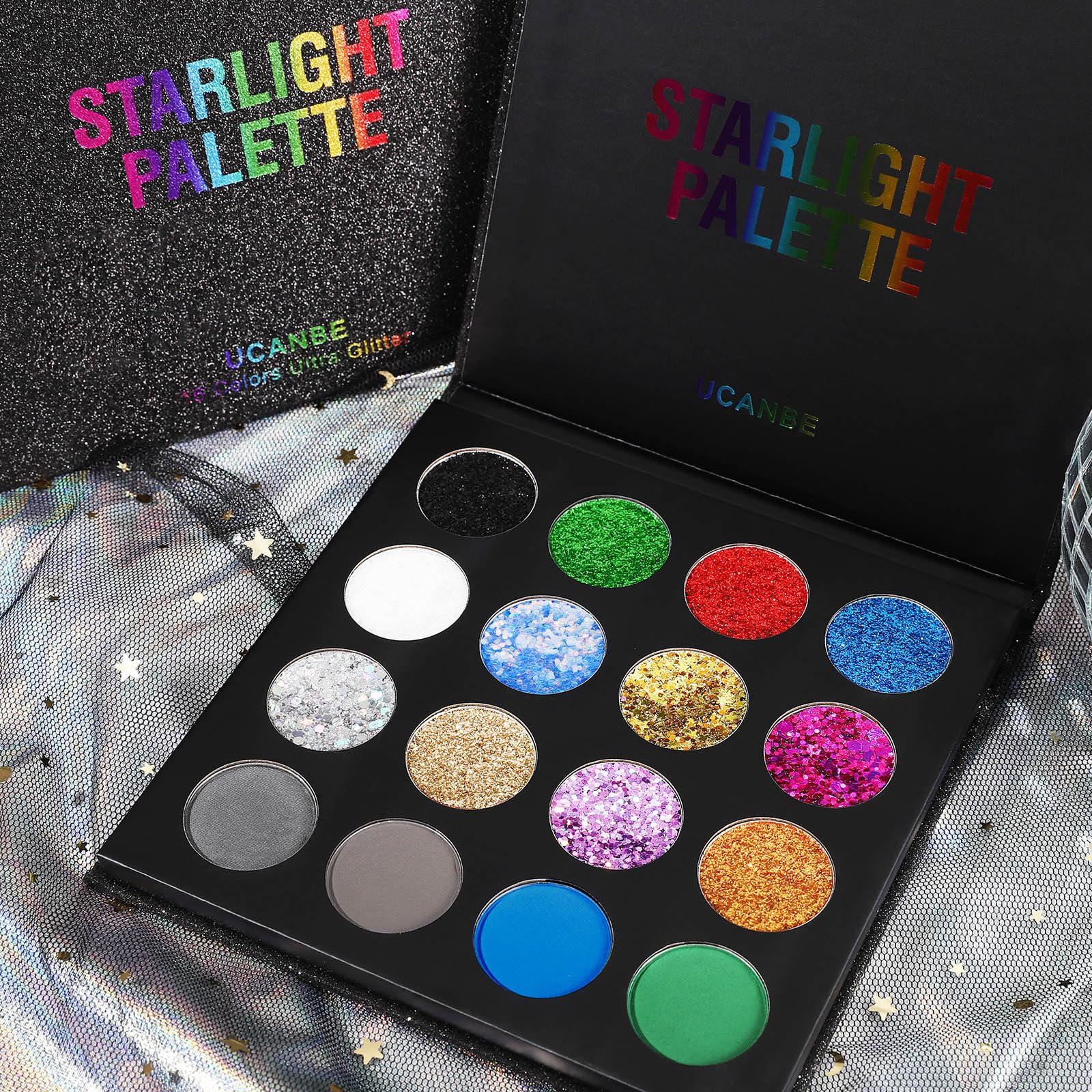 UCANBE Glitter Eyeshadow Makeup Palette - 12 Face Body Chunky & Fine Pressed Glitter + 4 Eye Shadow Powder Make Up Pallet for Theater Party Cosplay Halloween Christmas, Highly Pigmented Ultra Shimmer