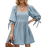 Denim Dress for Women Square Neck Jean Dress Puff Sleeve Babydoll Casual Denim Romper Outfit with Pockets