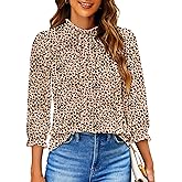 SimpleFun Womens Blouses 3/4 Sleeve Ruffle Neck Printed Business Casual Tops Flowy Dressy Work Shirts