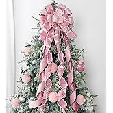 HUIHUANG Pink Christmas Tree Topper Bow 13 inch x 45 inch Large Christmas Bows Pink and White Snowflake Velvet Bows for Christmas Tree Ornament, Wreaths, Staircase, Mantel, Home Decor