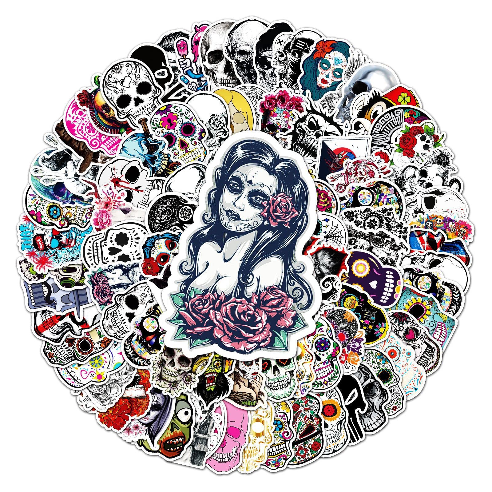 Skull Stickers 100pcs Waterproof Sugar Skull Stickers, Decals for Laptop, Skateboard, Luggage, Phone, Guitar, Computer, Water Bottle, Car, Bike - Halloween, Mexican Day of Dead Stickers for Teens