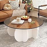 Glass Coffee Table, Mid Century Modern Design, 31.5'' Modern Round Tempered Glass Coffee Tables for Living Room, Cocktail Table for Small Space Home Office. (White + Brown)