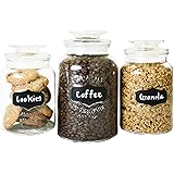 FS Kitchen Round Clear Glass Airtight Lids Chalkboard Canister Jar (Set of 3) with 3 Stick on Labels and Chalk Small