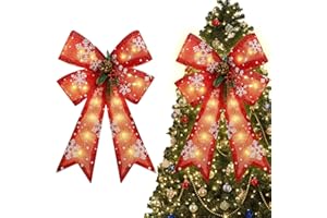 Adroiteet 2 Pcs Christmas Tree Topper, LED Lights Bow with Timer Function, Decorative Bows with Snowflake and Pine Cone for Wreath Decor Door Wall Holiday Xmas Party Winter Decorations