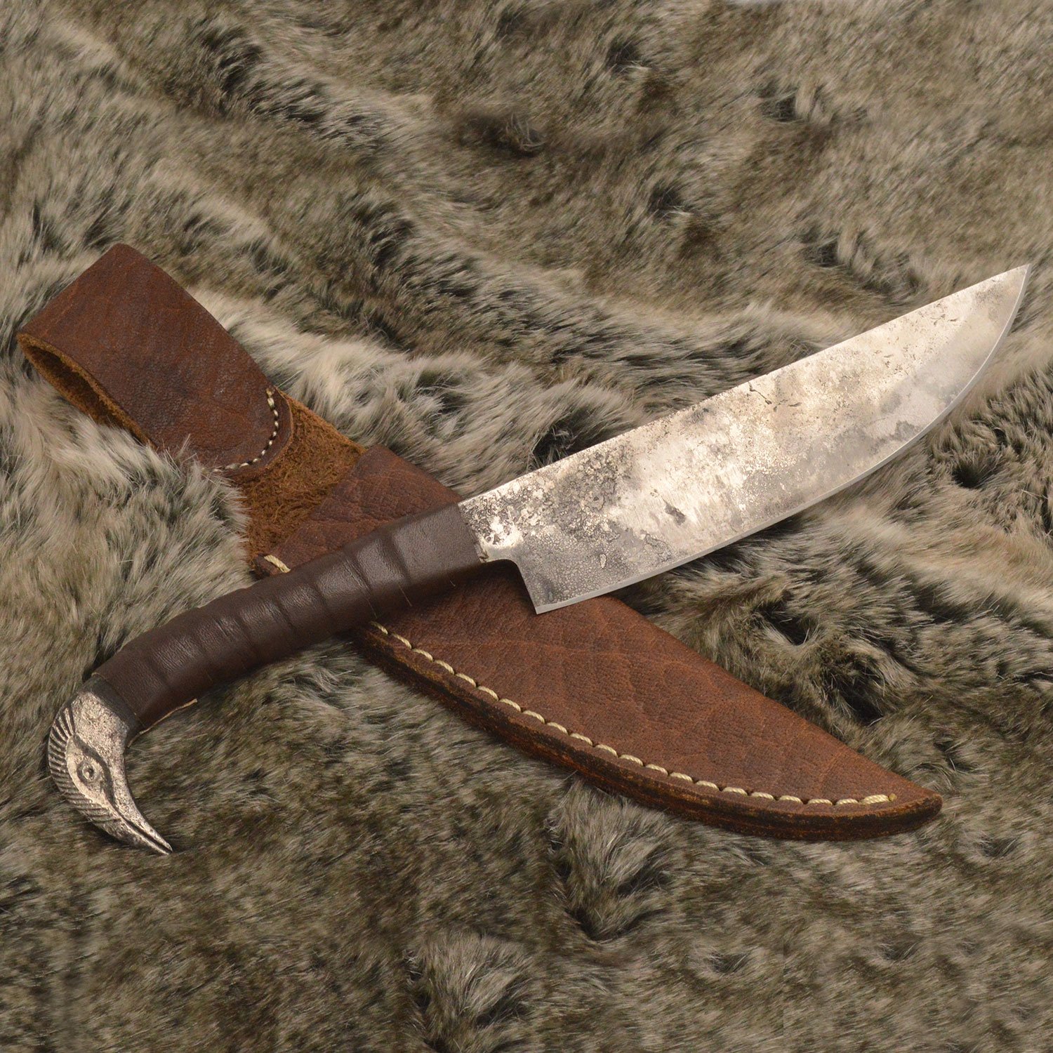 Norse Tradesman Viking Knife With Raven's Head Hilt Leather