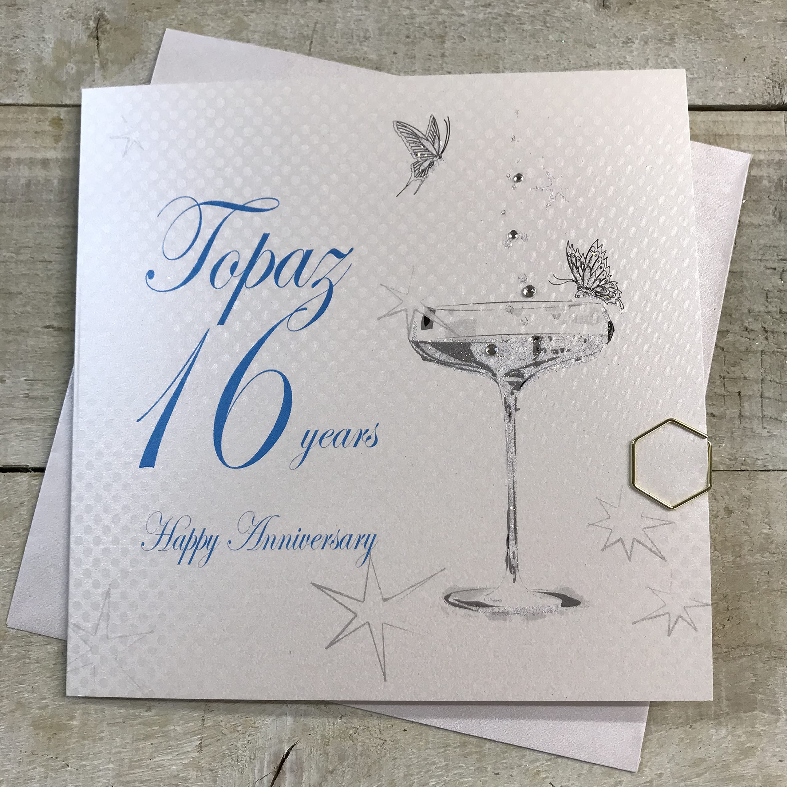 White Cotton Cards BD116C "Happy Anniversary 16 Years Anniversary Topaz" Handmade Card, White