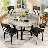 AWQM Round Dining Table Set for 4, Wood Table, with 4 Leather Chair, Grey | Round Dining Table Set for 4, with 4 Upholstered Chair, Space Saving, For Kitchen, Dining Room &amp; Apartment, MDF &amp; Metal Frame