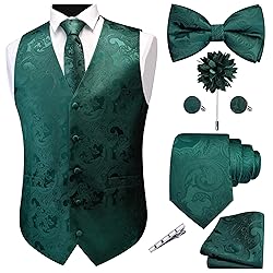 GUSLESON Mens Paisley Dark Green Suit Vest Tie and