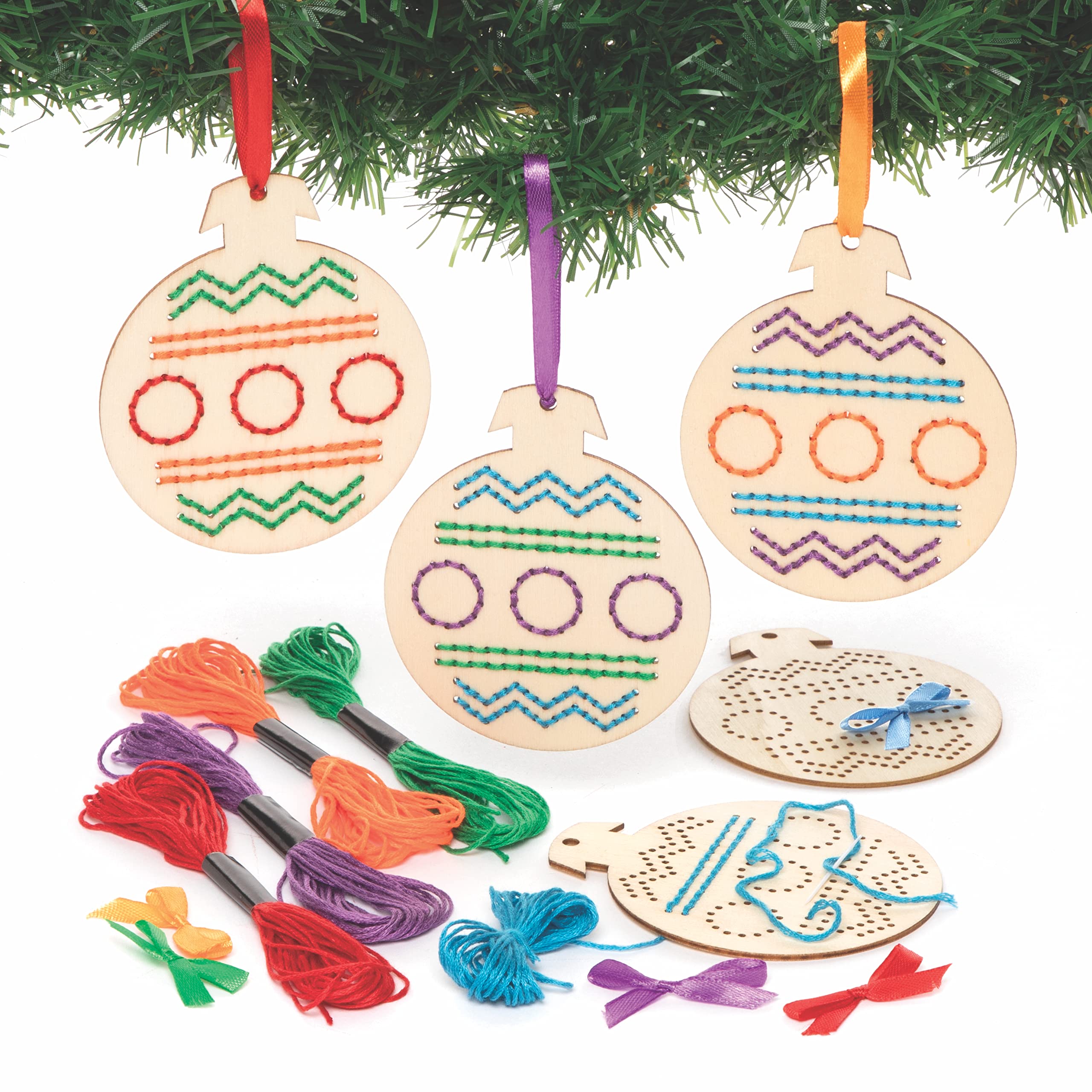 Baker Ross FC175 Christmas Bauble Wooden Threading Decorations - Pack of 5, Introduction to Threading for Beginners, Educational Crafts for Kids, Ideal Christmas Arts and Crafts Project