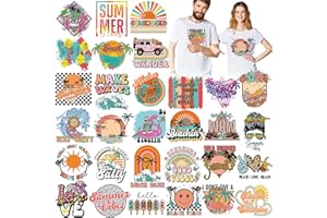 Estune 30 Pcs Beach Iron on Transfers Summer Vinyl Iron on Decal Retro Iron on Patches Heat Transfers Sublimation Transfers Ready to Press for T Shirts Jacket Bag Hat DIY Sticker