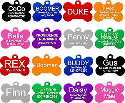 Amazon Com Providence Engraving Pet Id s In 8 Shapes 8 Colors And Two Sizes Personalized Dog s And Cat s With 4 Lines Of Customizable Text Available In 8 Shapes And Colors Pet Supplies