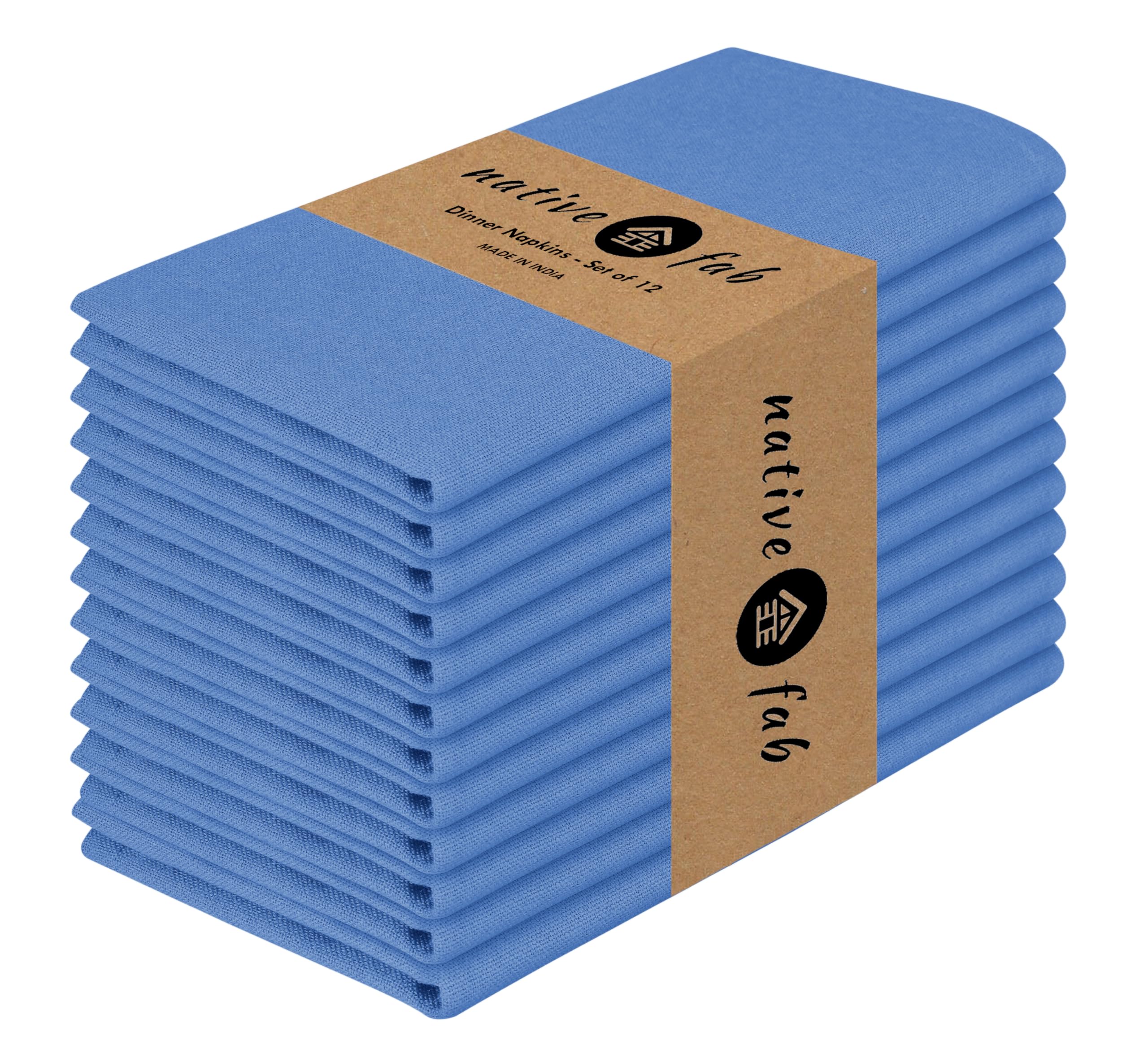 Native Fab Cloth Dinner Napkins, Set of 12, 17x17 Inches, Soft, Absorbent, 100% Cotton, Restaurant Hotel Quality - Sky Blue