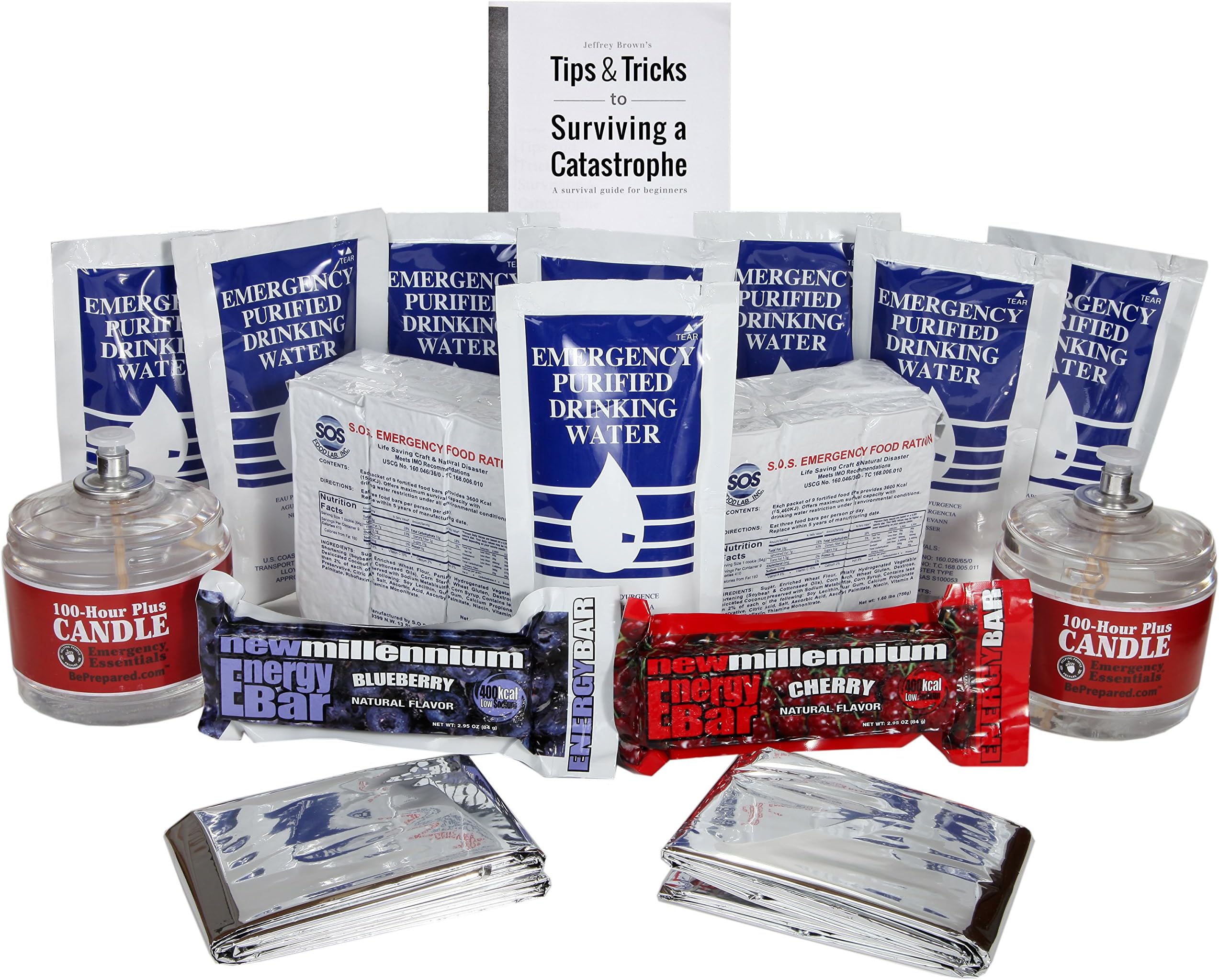 Mylar Emergency Blanket, Emergency Food Rations/Water Pouches/Candles ?Foods and Essentials Disaster Kit!')