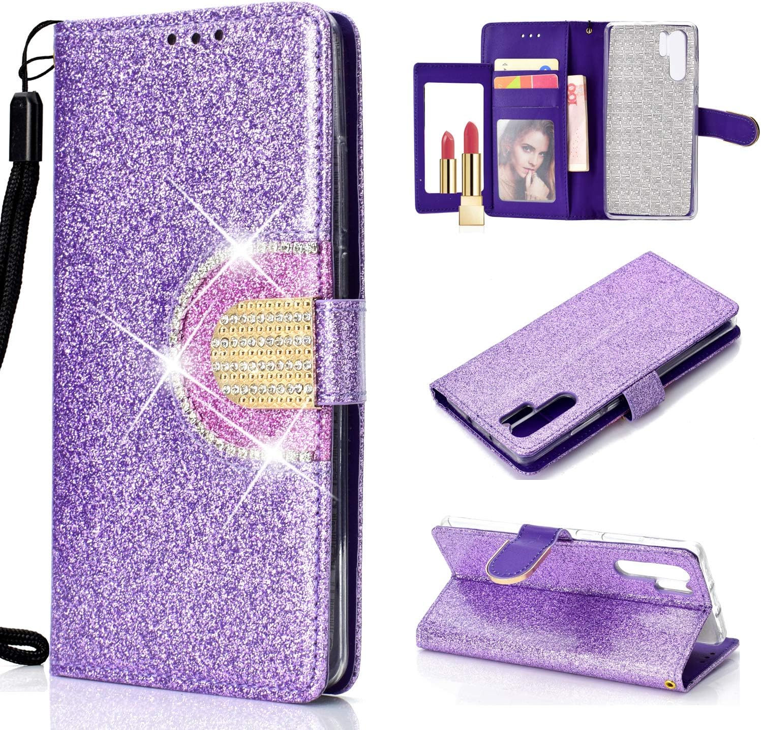 Awenroy Compatible with Huawei P30 Pro Wallet Case Premium Sparkle Bling Glitter Diamond Luxury Wallet Case PU Leather Magnetic Flip Cover with Card Slots and Mirror - Purple
