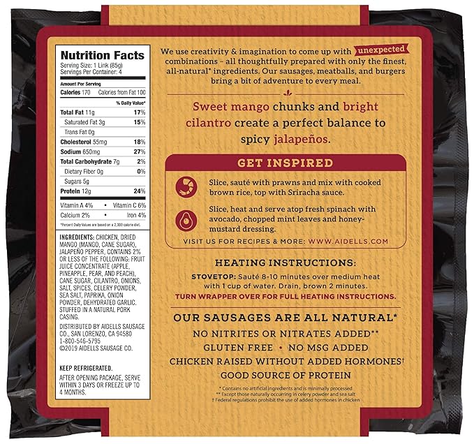 Aidells Smoked Chicken Sausage Spicy Mango With Jalapeno 12 Oz 4 Fully Cooked Links Amazon Com Grocery Gourmet Food