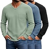 August Alley 3 Pack Men's Waffle Thermal Long Sleeve Shirts V Neck Lightweight Tops Casual Pullover Undershirts with Pocket