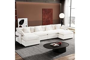 Ihanherry 146" U-Shaped Modern Sofa Modular Sectional Cloud Couch with 2 Ottoman, 6-Seat Chenille Deep Seat Sofa with 6 Pillows for Living Room, Bedroom and Apartment, Beige