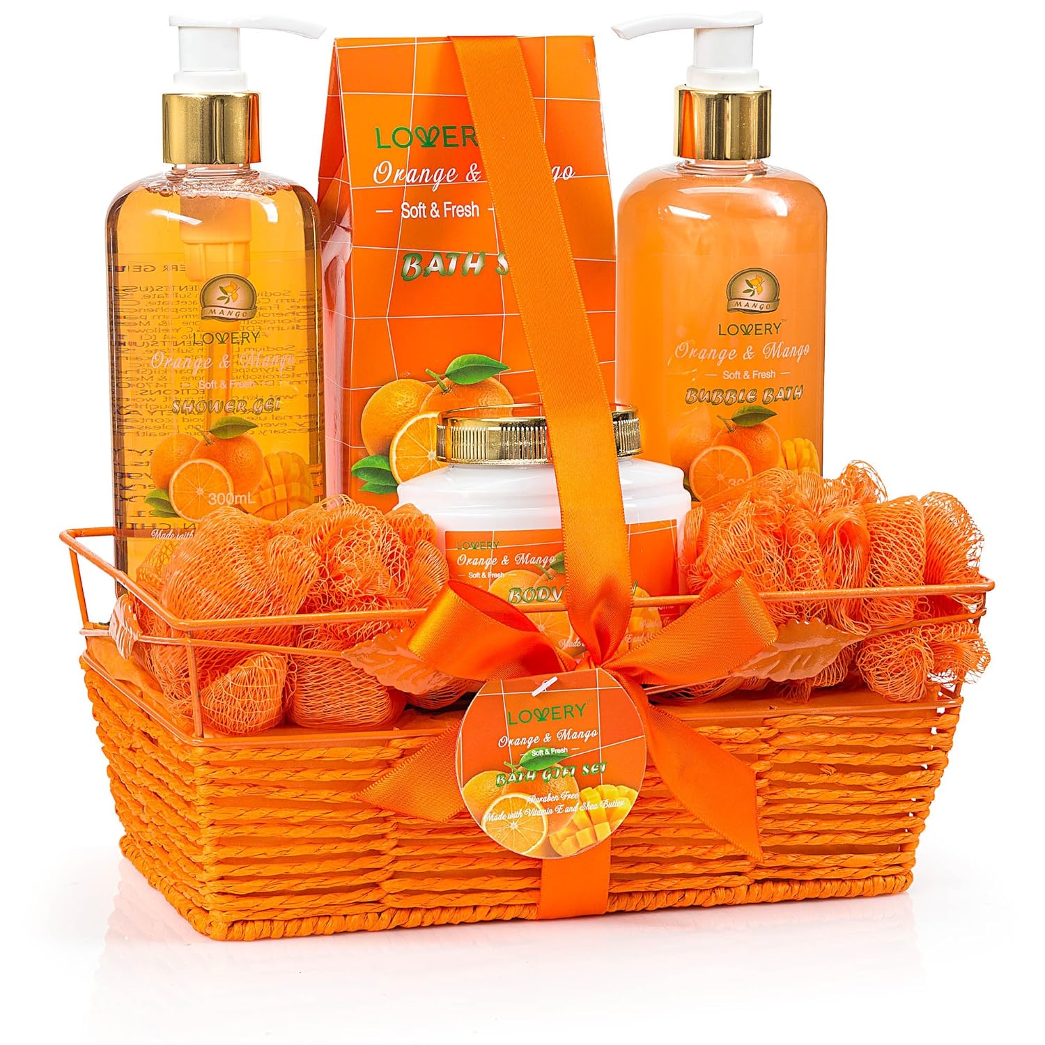 Christmas Home Spa Gift Basket - Orange & Mango Fragrance - Luxurious 7 Piece Bath & Body Set For Women & Men, Contains Shower Gel, Bubble Bath, Body Lotion, Bath Salt, 2 Bath Poufs & Handmade Basket