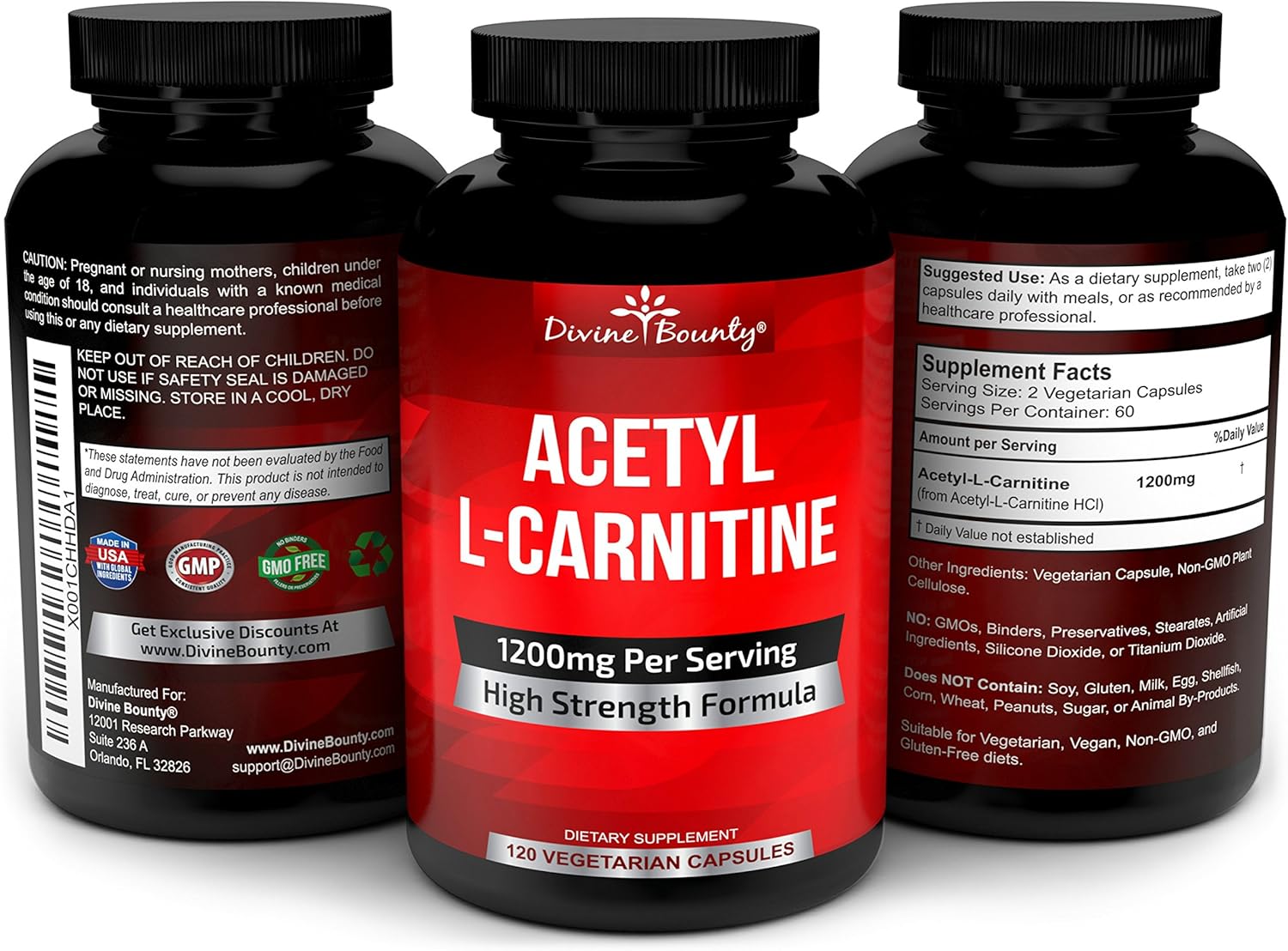 Acetyl L-Carnitine Capsules 1200mg Per Serving - L Carnitine Supplement 120 Vegetarian Capsules: Health & Personal Care
