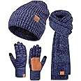 Winter Hat Gloves Scarf Set for Men Women, Mens Beanie Long Scarf Touchscreen Gloves for Cold Weather, 3 in 1 Warm Gift Set
