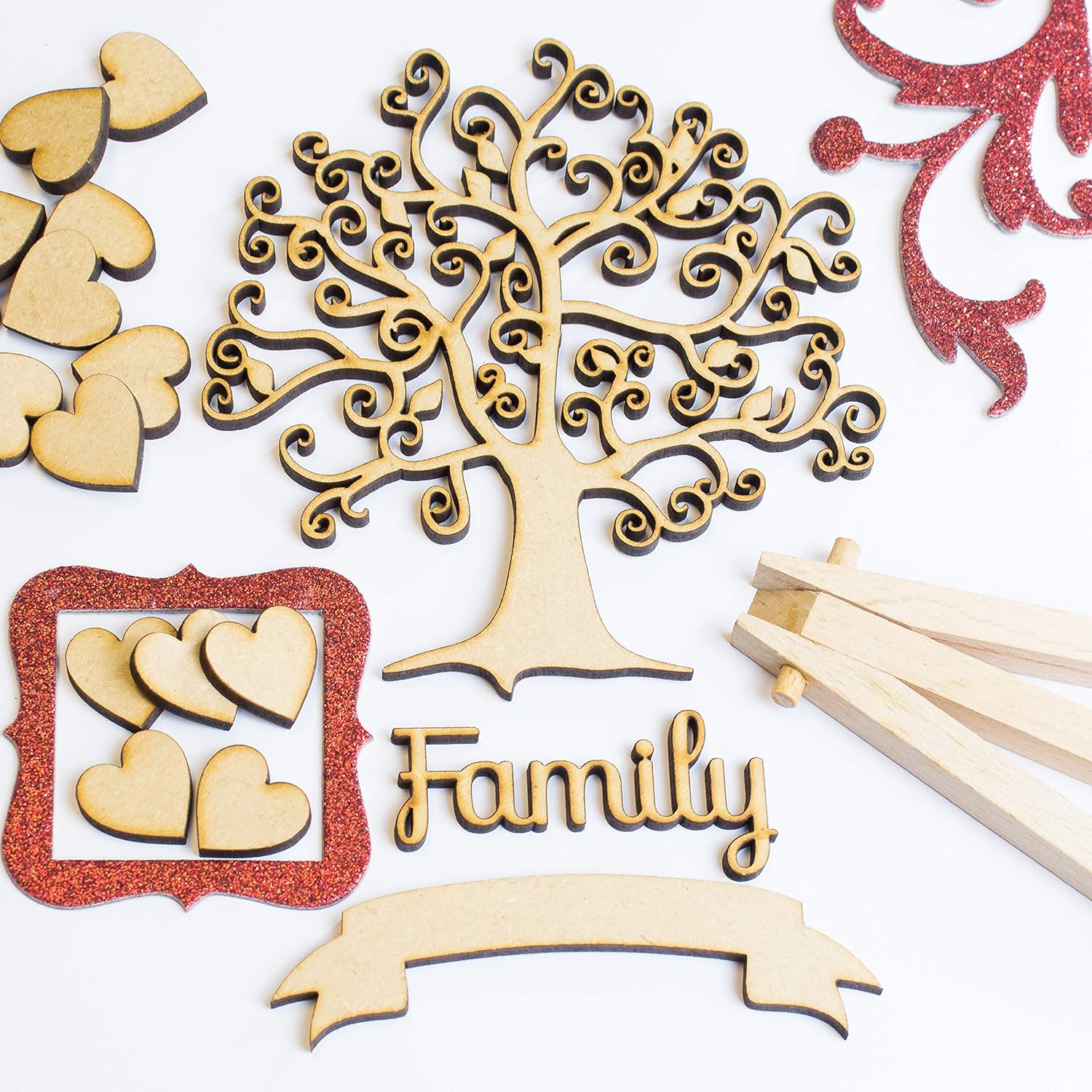 Wooden Family Tree Shape For Crafts Mdf Hearts X 12 Family Script Banner Included 150mm 15cm Amazon Co Uk Home Kitchen