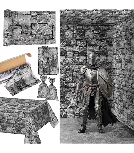 Medieval Stone Print Tablecloth - 10 Plastic Covers, 4.3x7.2 Ft For Castle Themed Parties - View #3