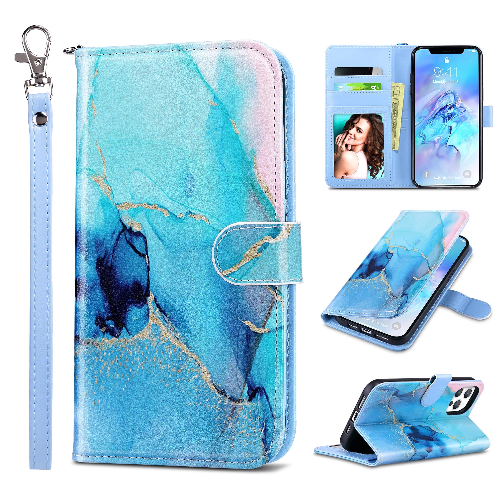 Photo 1 of ULAK Compatible with iPhone 12 Pro Max Wallet Case with Card Holder, PU Leather Case with Kickstand Card Slots Wrist Strap, Durable Shockproof Protective Cover 6.7 Inch, Marble