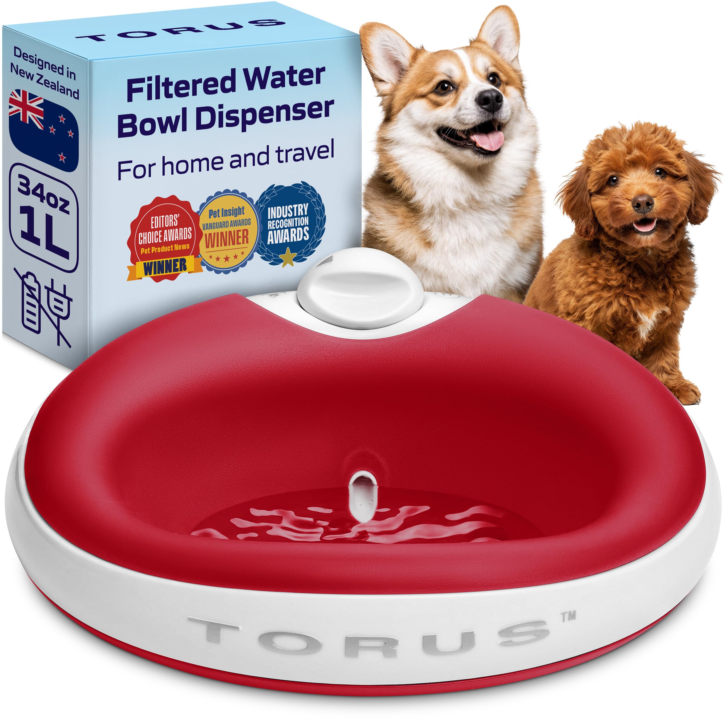 Torus Pet Water Bowl - 1-Liter - Fresh Filtered Water - Healthy & Hygienic Pet Bowl - For Cats and small Dogs - Red