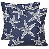 Kawani Navy Blue Starfish Ocean Pillow Covers 18X18 Inch Summer Nautical Coastal Beach Decorative Pillow Cases Set of 2 Cotton Linen Throw Pillows Seasonal Home Decor for Sofa Couch Cushion Outdoor