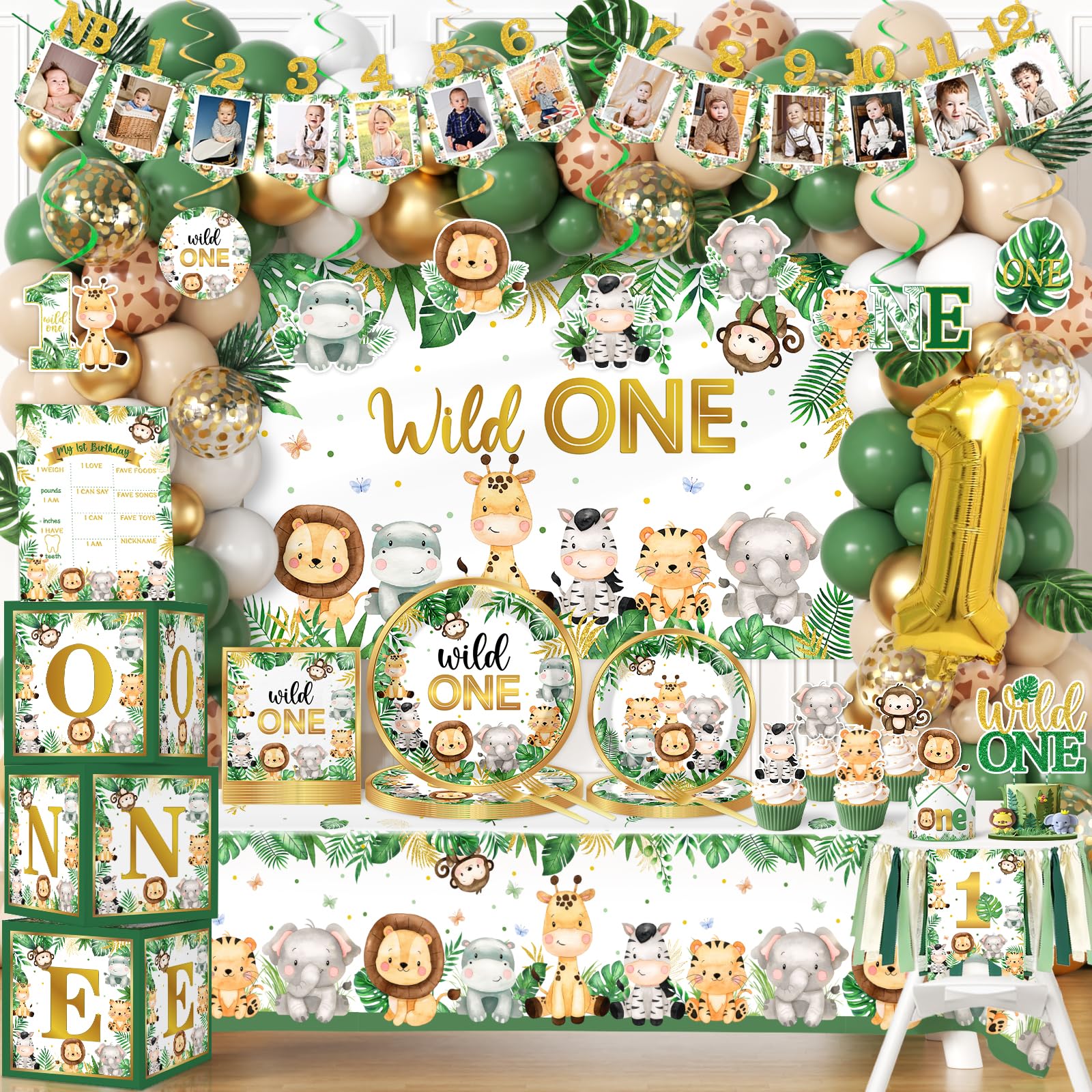 Photo 1 of Wild Birthday Decorations,Safari Birthday Decorations 239Pcs Wild Plates and Napkin Sets Banner Backdrop Tablecloth Cake Topper Box Balloon Garland for Jungle 1st Birth day Decorations