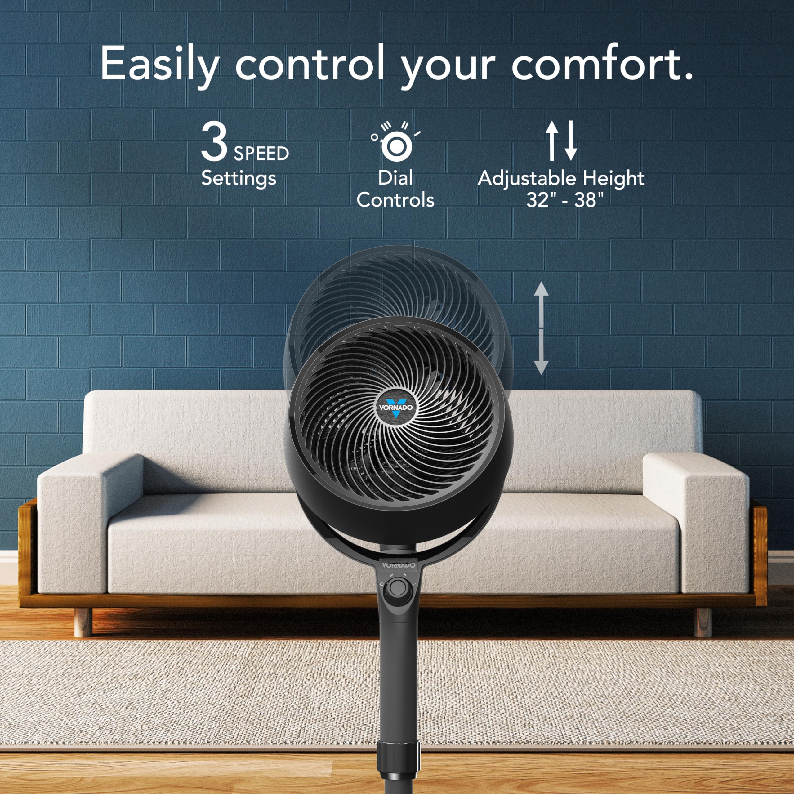 Vornado 683 Medium Pedestal Whole Room Air Circulator Fan, 3 Speed Control, Adjustable Standing Height, 32 to 38 Inches, Powerful Pedestal Standing Fan for Bedroom and Home, Quiet Floor Fans, Black