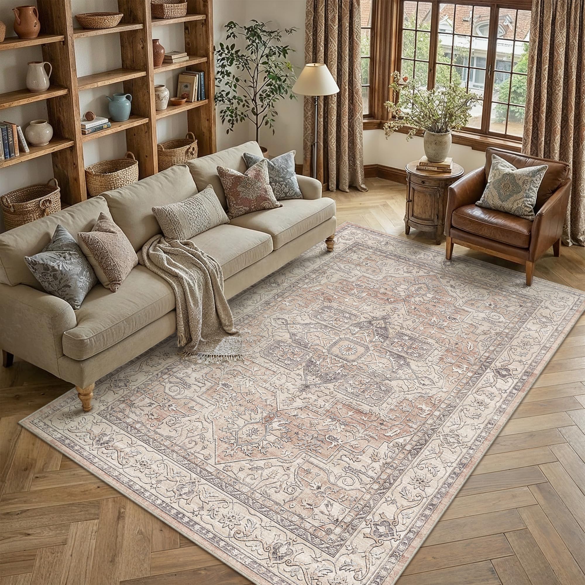 WondRg 6x9 Washable Vintage Area Rug Coral Oriental Living Room Bedroom Throw Rug Neutral Non Slip Soft Low Pile Carpet for Dining Room Office Nursery Indoor Image