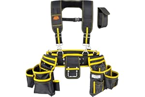 OKF 6-Piece Tool Belt with Suspenders,Magnetic Phone Holder and Hand Drill Tool Pouch Tool Rig for Framers Electrician 1680D Polyester Fabric,20 pockets,Black & Yellow,36-49In,5.5lb