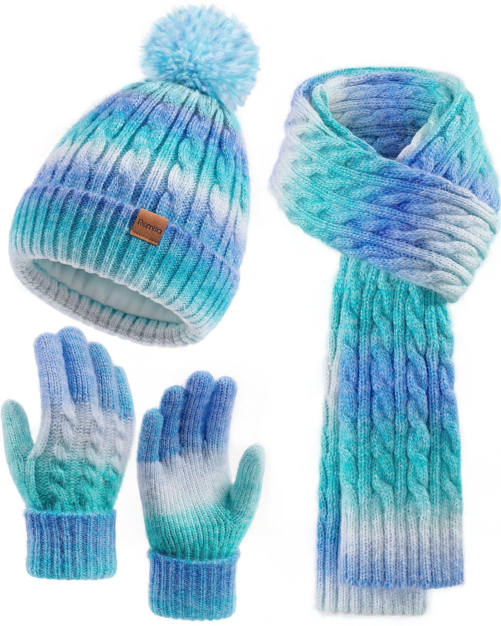 Photo 1 of ***missing gloves***Remifa Winter Hat Scarf Gloves Set for Women Teen Girls, 3 PCS Womens Fleece Lined Pom Beanie Skull Cap Knit Scarf Warm Gloves Mittens for Cold Weather Christmas New Year Gifts for Mom Wife Sister Her