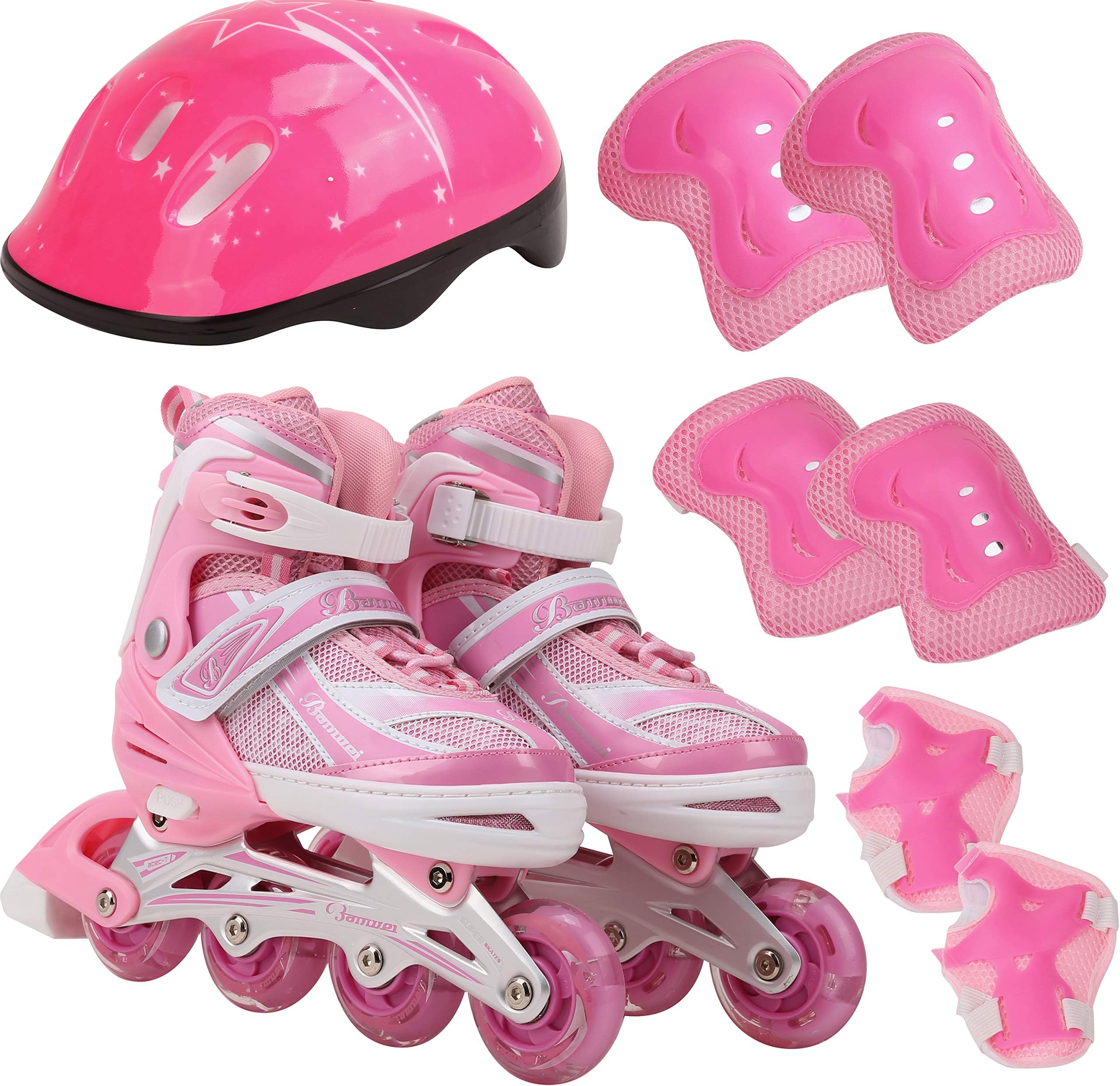 Kids Inline Adjustable Skates 6 PCS Beginer Set Safe Protective Pack Durable Safe Outdoor Light Up Wheels