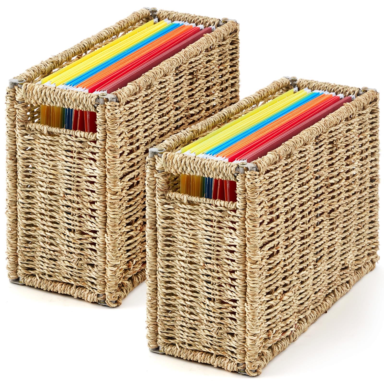 Photo 1 of 2 Pcs Seagrass Hanging File Box 14.5 x 6 x 10.8 Inch Collapsible Portable Decorative Filing Basket, Letter Size Woven File Organizer Decorative Storage Basket for Home Office Document Filing Decor