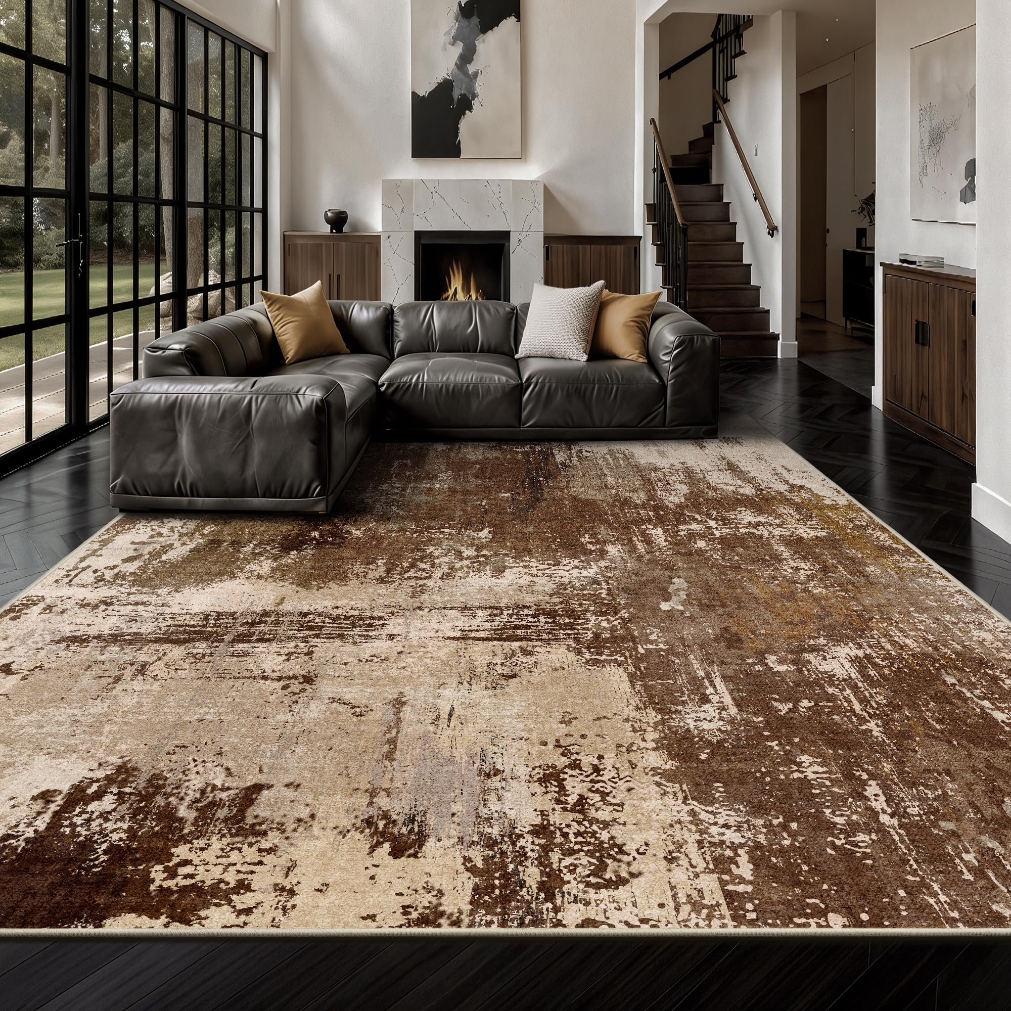 Photo 1 of Yarooge 8x10 Rugs for Living Room - Modern Abstract Washable Rug, Ultra Soft Non Slip Low Pile Large Rugs, Floor Carpet for Bedroom Dining Room Office Laundry Nursery Home(A-Brown)