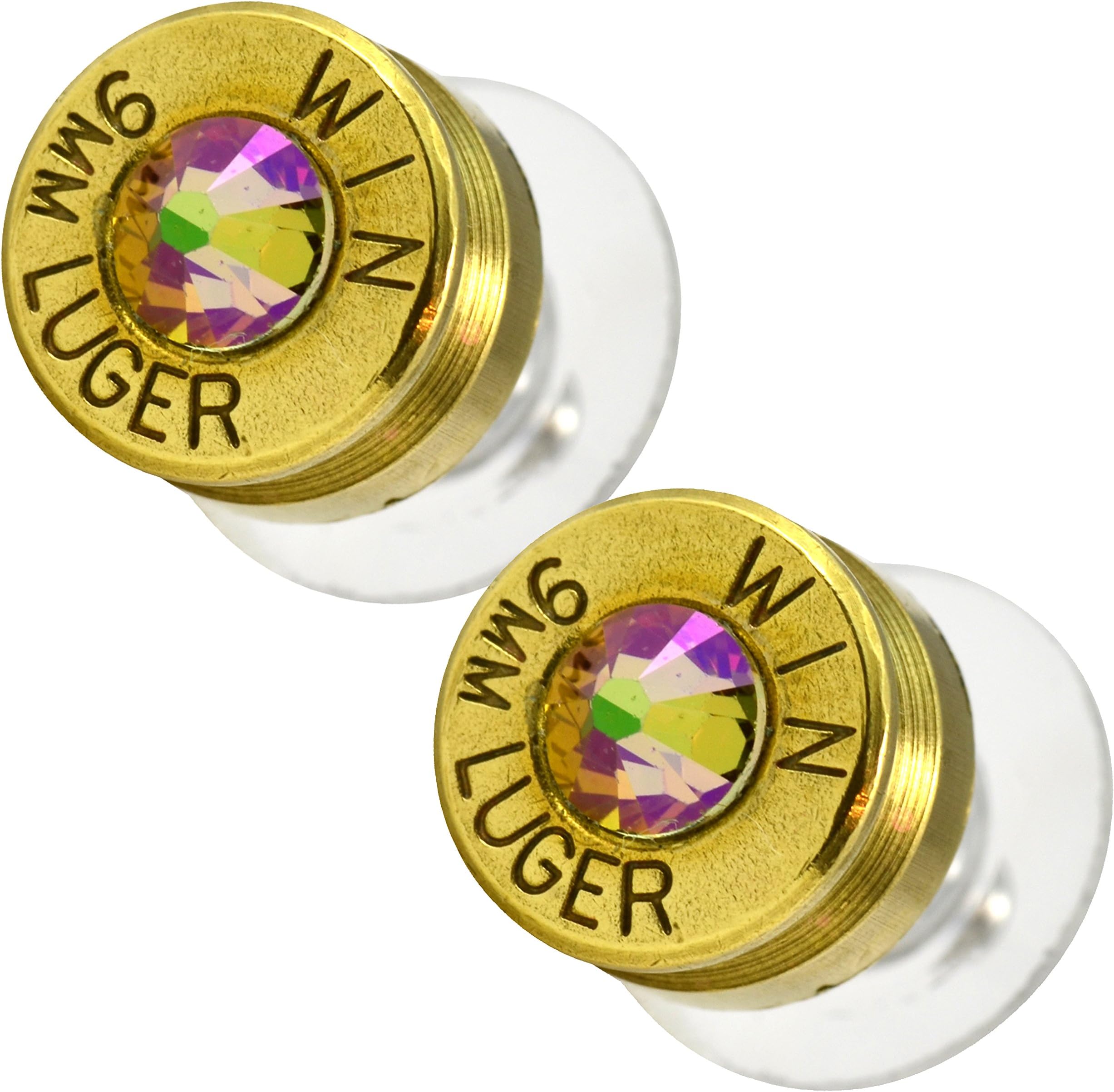 LoriDavidson Designer Brass 9mm Bullet Shell Crystal Stud Earrings