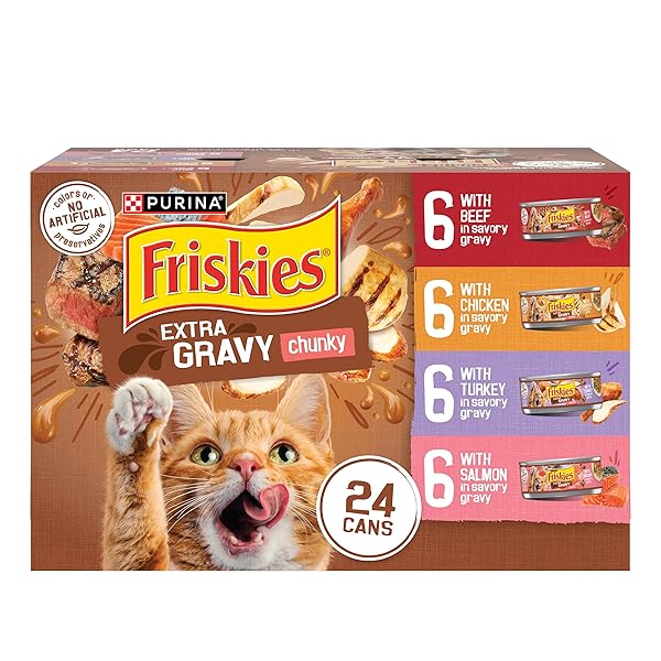 PURINA FRISKIES EXTRA GRAVY WET CAT FOOD CHUNKY 24CT VARIETY PACK (WITH CHICKEN, TURKEY, SALMON, BEEF) – (PACK OF 24) 5.5 OZ. CANS
