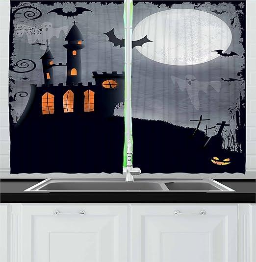 Ambesonne Vintage Halloween Kitchen Curtains, Halloween