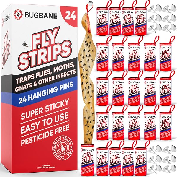Fly Strips Indoor Sticky Hanging 24pk with Pins. Non Toxic Outdoor Fly Trap Indoor for Home. Flies Tape Paper Trap Ribbon Rol