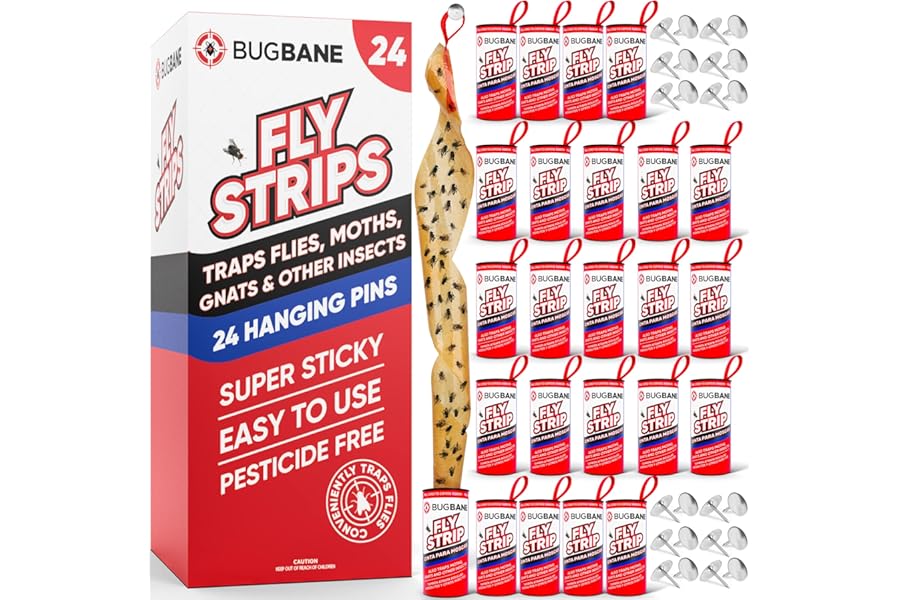 Fly Strips Indoor Sticky Hanging 24pk with Pins. Non Toxic Outdoor Fly Trap Indoor for Home. Flies Tape Paper Trap Ribbon Rol