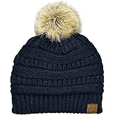 C.C Trendy Fuzzy Fleece Lined Warm Comfortable Soft Stretch Cable Knit Ribbed Faux Fur Pom Pom Beanie Hat