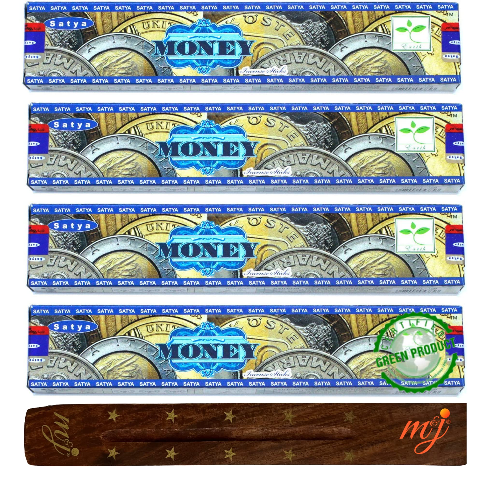 Original Satya Nag Champa Money Incense Sticks | with M&J incense sticks holder | x4 pack | for Aromatherapy, Spa, Yoga, Weddings, Meditation, Healing, Positivity and Relaxation — image 1