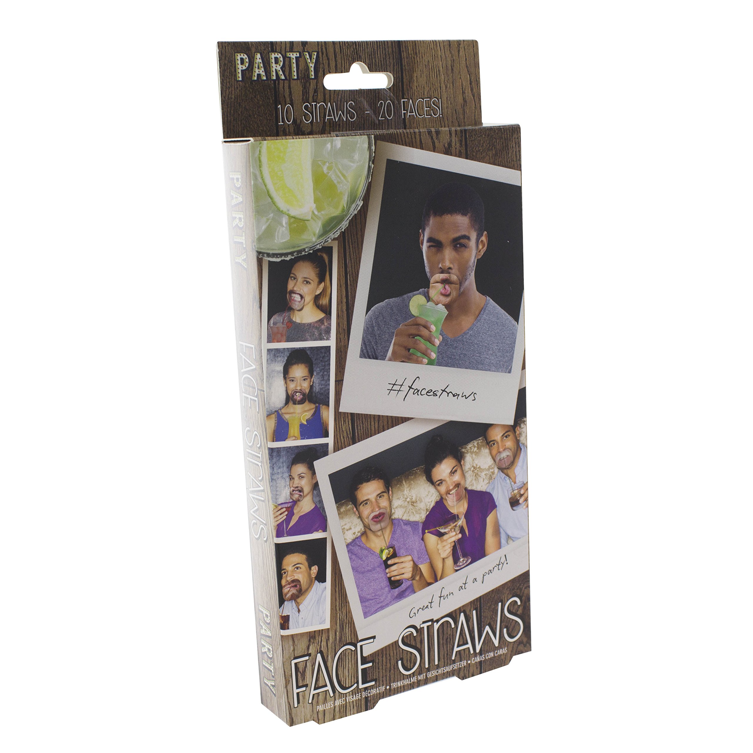 Paladone Party Face Straws | 10 x Double Sided Reusable Realistic Face Straw Toppers | Includes 10 x Transparent Straws
