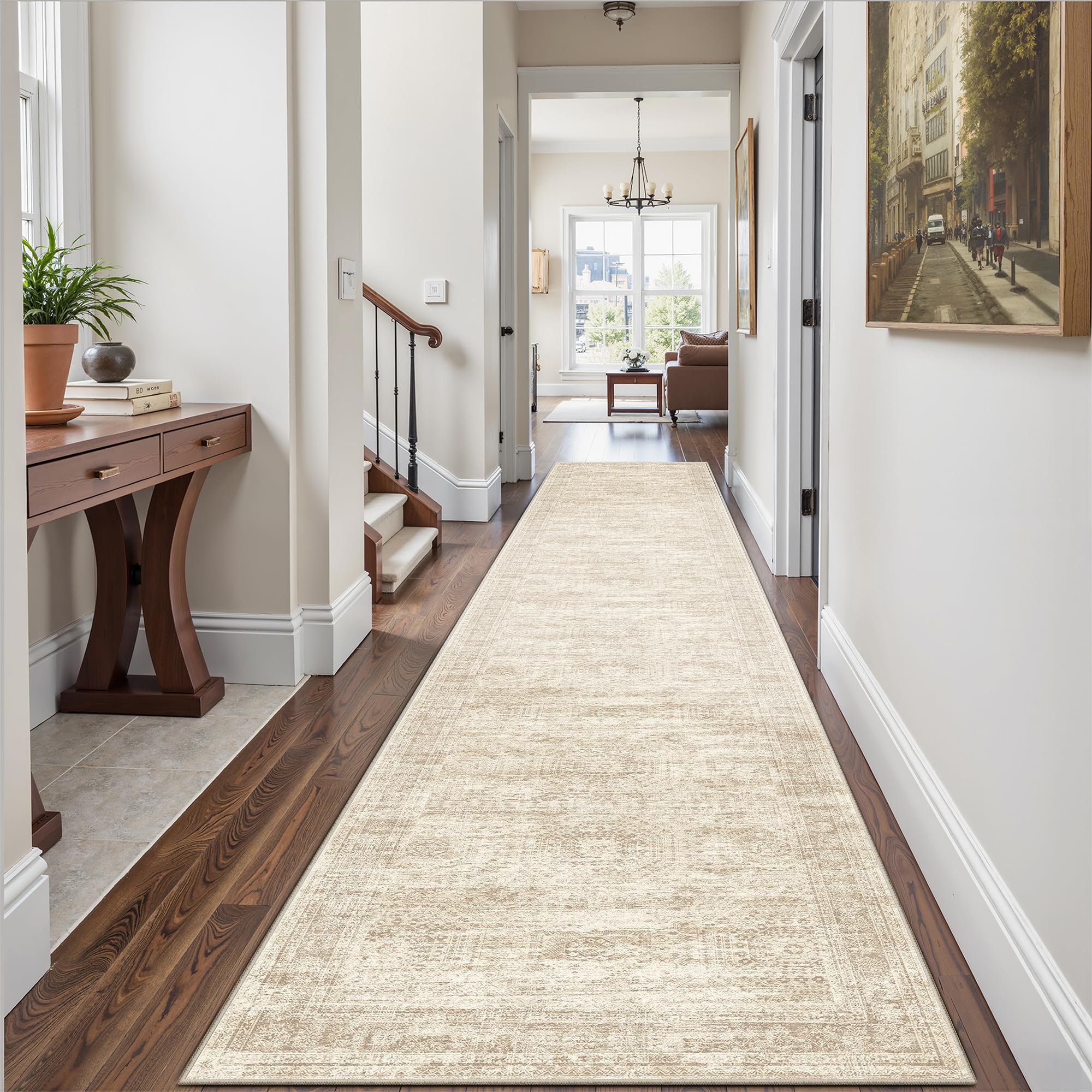 Photo 1 of Soalmost Runner Rug 2'6" x 12' Washable Non-Slip Runner Rugs for Kitchen Bathroom Laundry Room Vintage Ultra Thin Runners for Hallway Entryway Beige