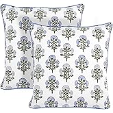 Ridhi Block Print Mughal Buta Blue Pillow Cover 18" x 18" (Pack of 2) Decorative Couch Pillows for Living Room, Chic Boho Cute Outdoor Pillows Covers Gifts for Spring, Easter and Valentine