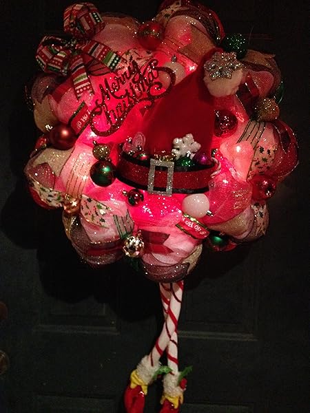 NEW HANDMADE CHRISTMAS SANTA DECO MESH WREATH WITH SANTA HAT AND LEGS AND IT LIGHTS UP!!