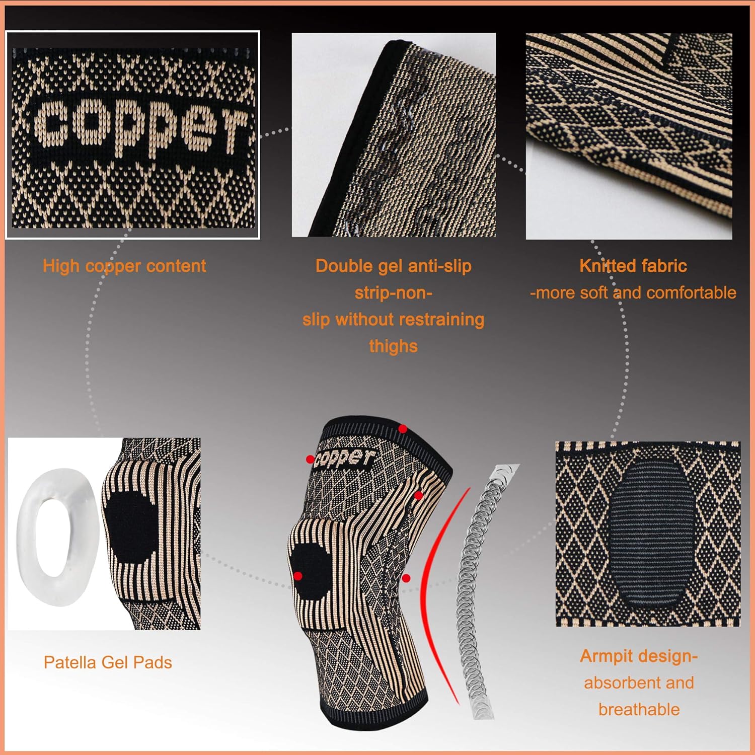 Copper Knee Brace with Patella Gel Pads and Side Stabilizers - Professional Copper Knee Sleeve for Arthritis Pain and Support,Running,Sports,Injury Recovery-[Single] (TAN, X-Large): Industrial & Scientific