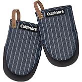 Cuisinart Heritage Mini Oven Mitts–5.5”x7” Heat-Resistant Kitchen Mitts for Oven with Non-Slip Neoprene Palm, Cotton Filling, and Faux Leather Loop–Durable Oven Mitt Set (Denim Pinstripe)